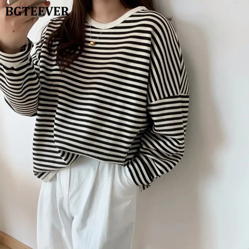 BGTEEVER Casual O-neck Striped Pullovers Women Long Sleeve Loose Spring Autumn Women Sweatshirts Vintage Female Tops