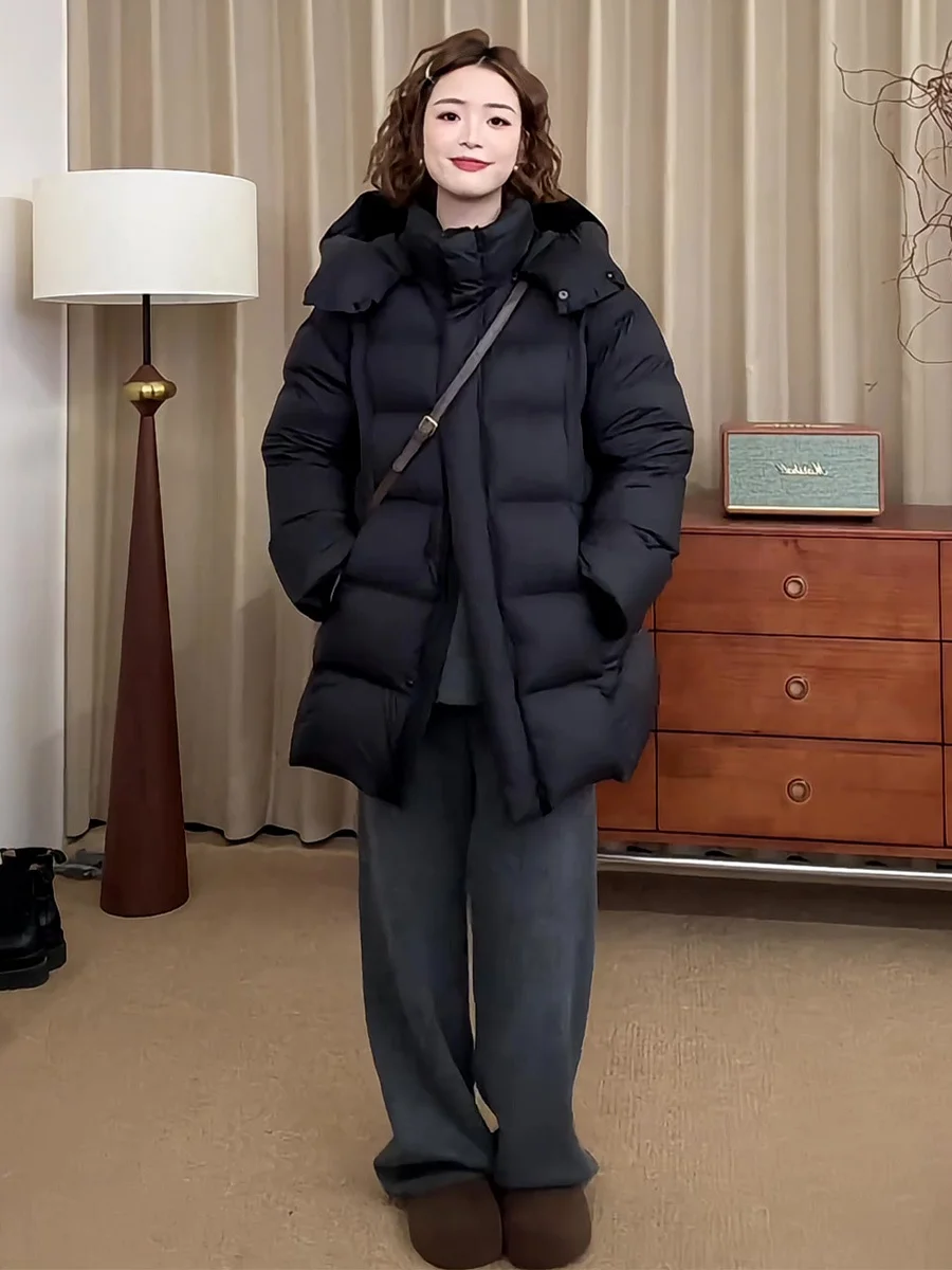 

Bla Puffer Jaet Women's Detachable Hood Mid-Length Thiened Du down Coat Casual Loose Fit Zipper ket Warmth