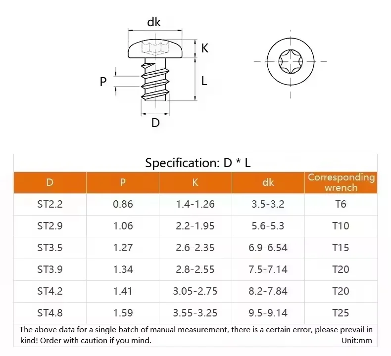 ST2.2 ~ ST4.2 304 Stainless Steel Round Six Lobe Self Tapping Screw Flat Tail Screws Length 4 ~ 25 mm