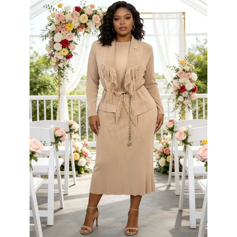 

Miyake Pleated Women's Skirt Set European Fashion Tassel Jacket Elegant Vest Long Dress 2 Pieces Commuter Plus Size Clothing