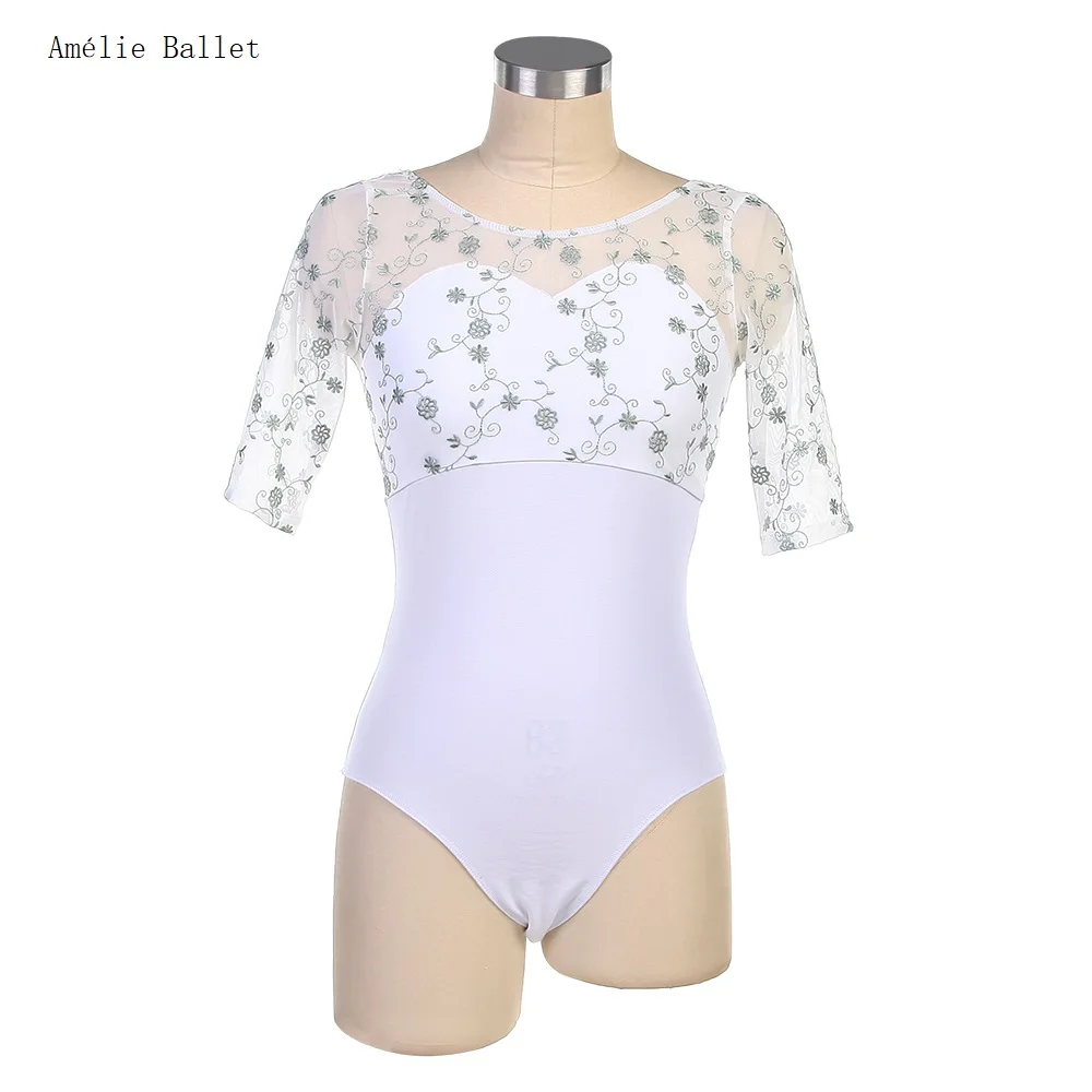 03D2401 Free Shipping Adult Dance Letoards Mid-sleeved White/Green Leotard Low Back leotard Women Ballerina Practice Clothes