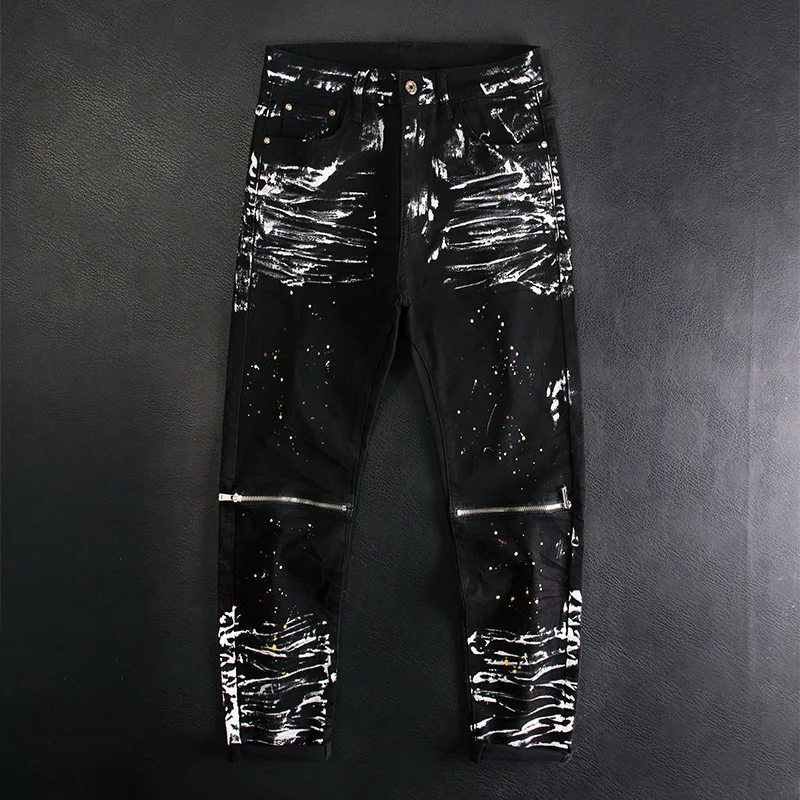 

Paint printed patchwork jeans men's black motorcycle style knee zipper trendy high-end slim fit small foot heavyweight pants