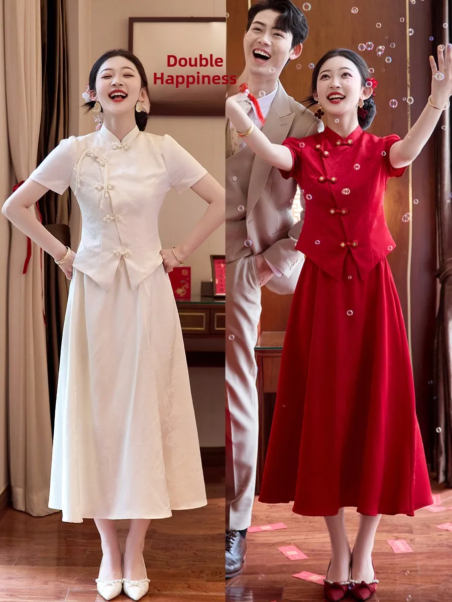 

New Chinese Sle Wedding Dr ort Sve Breathable Summer Suit for Bride ow He Wedding Ceremony Traditional Red Color