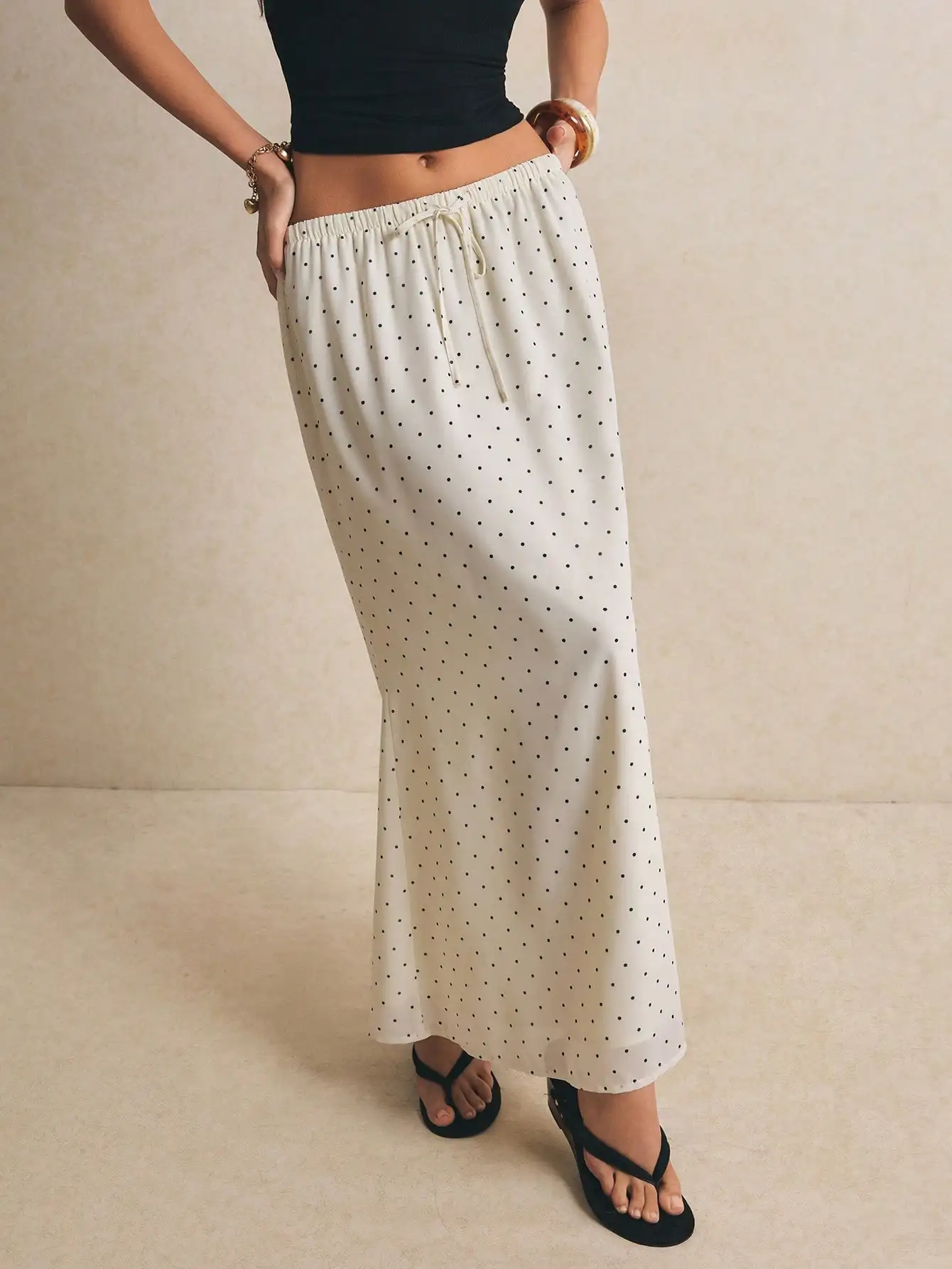 Poéselle Women's Drawstring Waist Polka Dot Casual Versatile Date Night & Outing Skirt,Polka Dot Skirt,Country Style For Women