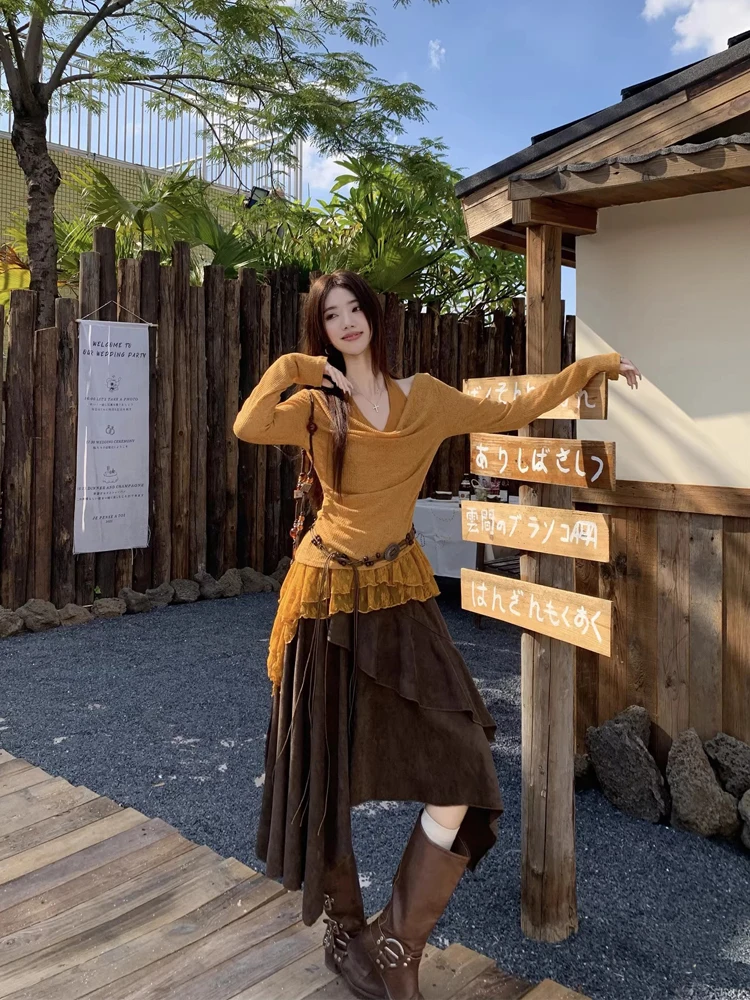 

Irregular Lace Splicing Hanging Ne Vest Long Sve Knitted Women's Faion Set Spring New Sle Korean Sle Two-Piece Set