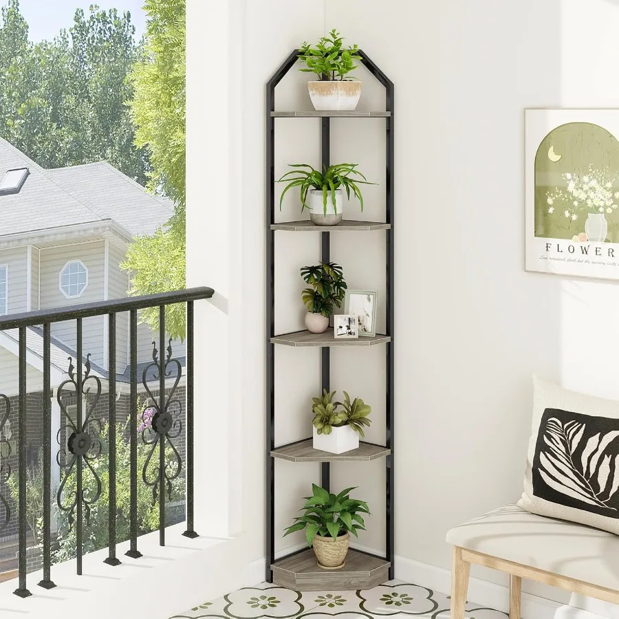 

70 Corner Shelf Stand 5 Tier Corner Book Shelf Metal Corner Shelf with Wood Trays Tall Bookshelf for Living Room Decor Bedroom
