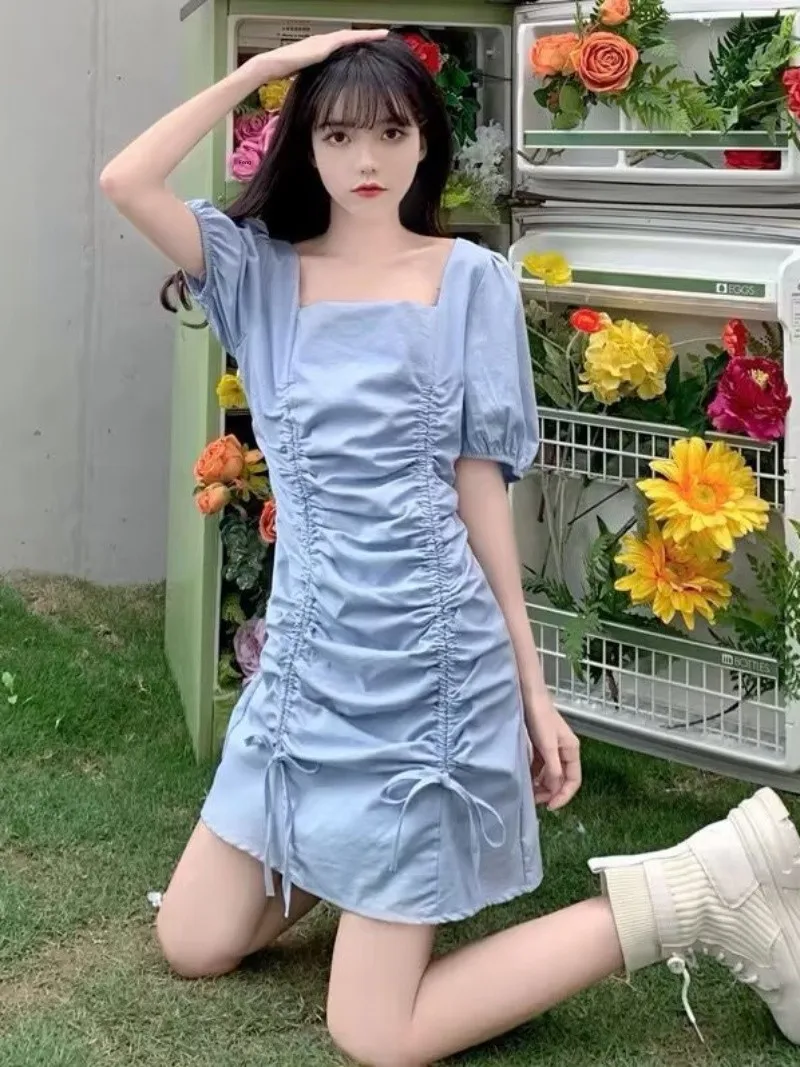 Summer 2026 Orange Bellflower Slim Fit Bubble Sleeve Drawstring Pleated Dress Versatile High Waist A-Line Casual Style Dress