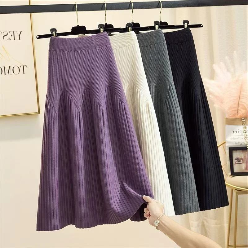 Women Autumn Winter Loose A-Line Midi Skirt Casual Elegant Office Lady Skirt Trendy All-Match Basic Skirt Solid Pleat Knit Skirt