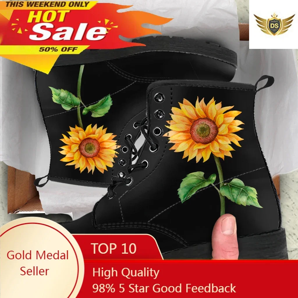 

Fashion Sunflower Design Women Leather Ankle Boots Round Toe Shoes Short Boots Print On Demand All-match Casual Booties For Lady