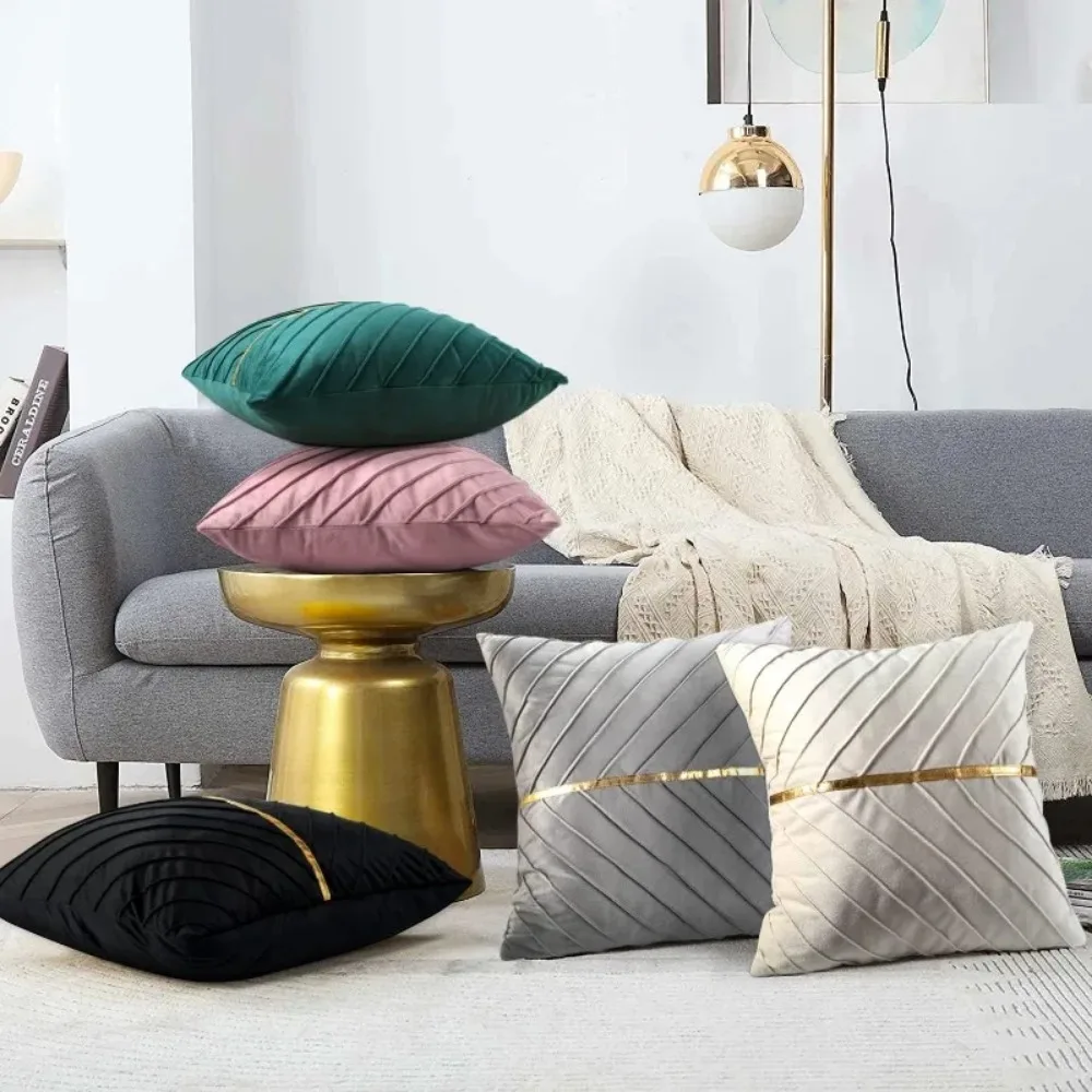 NEW 45 X 45 Cm Velvet Cushion Covers Beige Sofa Cushion Covers for Elegant Chairs Gold Square Decorative Stripe for Set of 2
