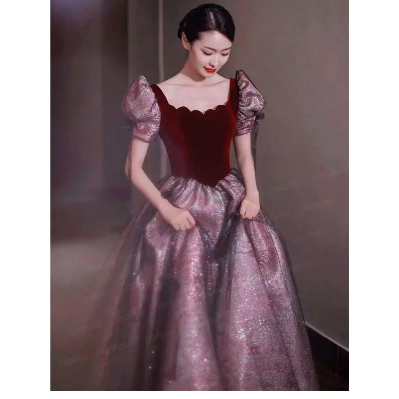 Elegancka suknia wieczorowa z bufiastymi rękawami 2026 Nowa suknia ślubna na toast Egzamin artystyczny Wokalna prowadząca Chór Zaręczyny Sukienka wieczorowa na ramiączkach