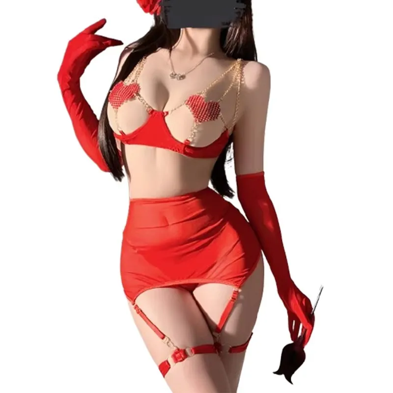 

2026 Net Red Erotic Lingerie Exposed Breast Love Chain Sexy See-Through Mesh Five-Piece Set Female Onlyfans Exotic Underwear Set