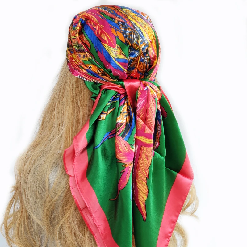 90*90cm Silk Scarf Women Print Hair Neck Square Office Ladies Shawl Bandanna Muslim Hijab Handkerchief Muffler Foulard female