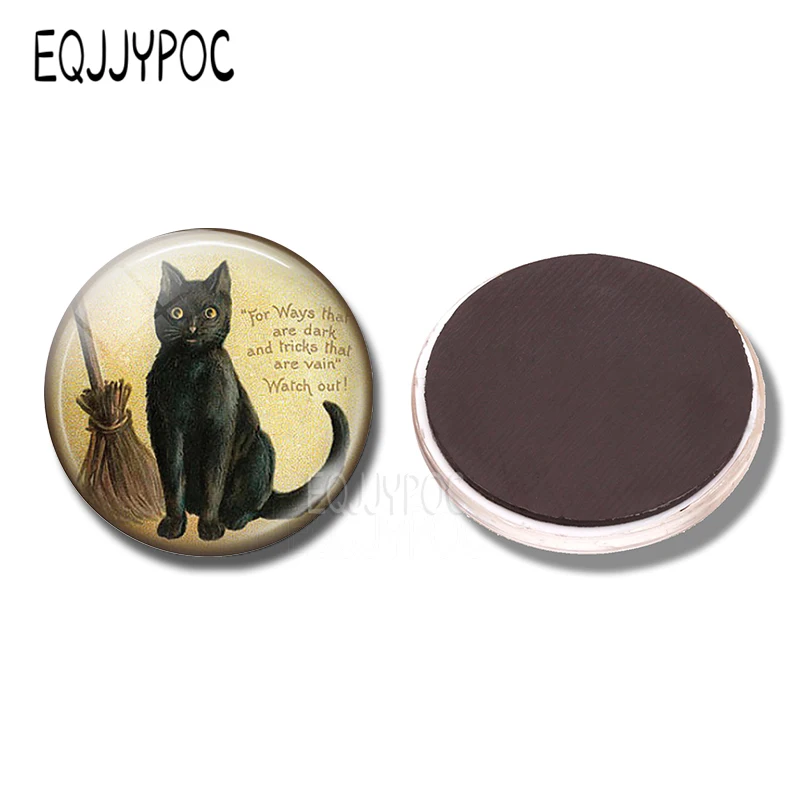 Feline Lovers 30MM Fridge Magnet Black Cat with Broom Witch Quote Glass Cabochon Magnetic Refrigerator Sticker Note Holder Decor