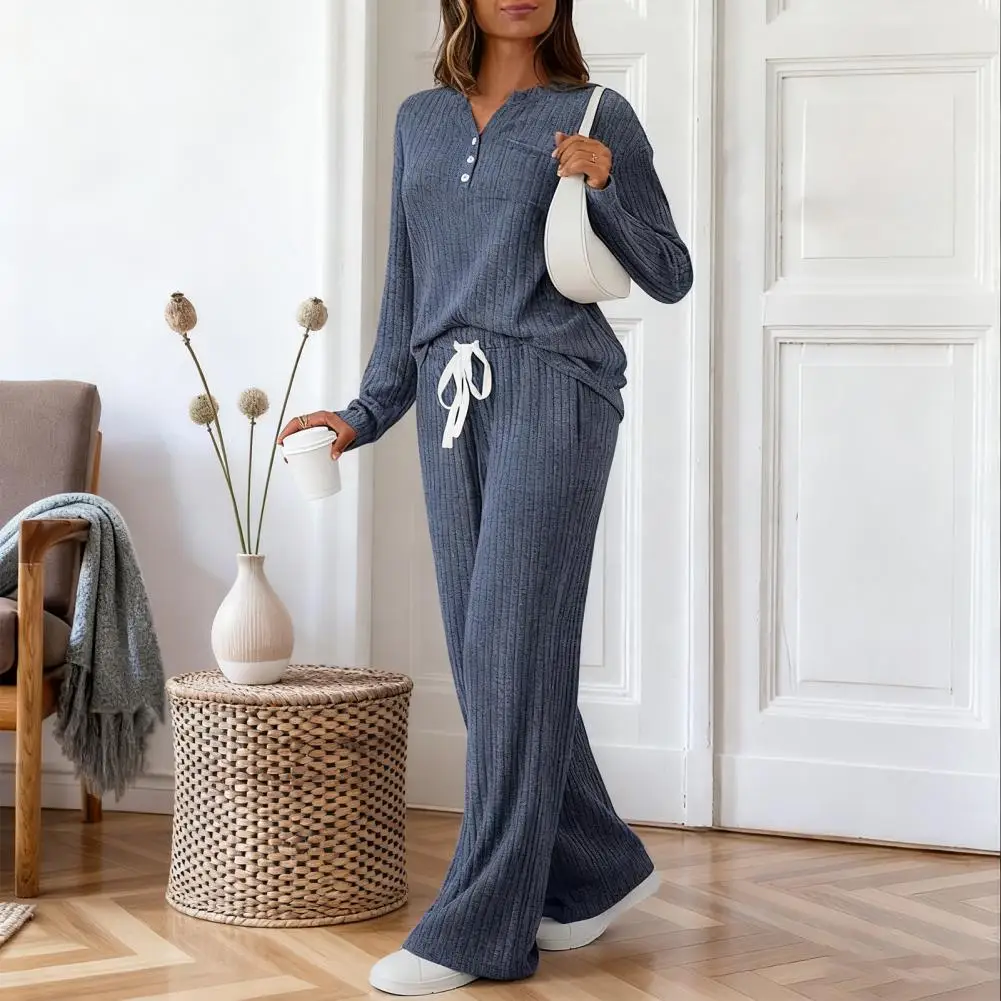 Women's 2 Piece Lounge Outfits Casual Long Sleeve Top Wide Leg Pants Pajamas Set Ribbed Sweater Sleepwear Matching Sweat Suits