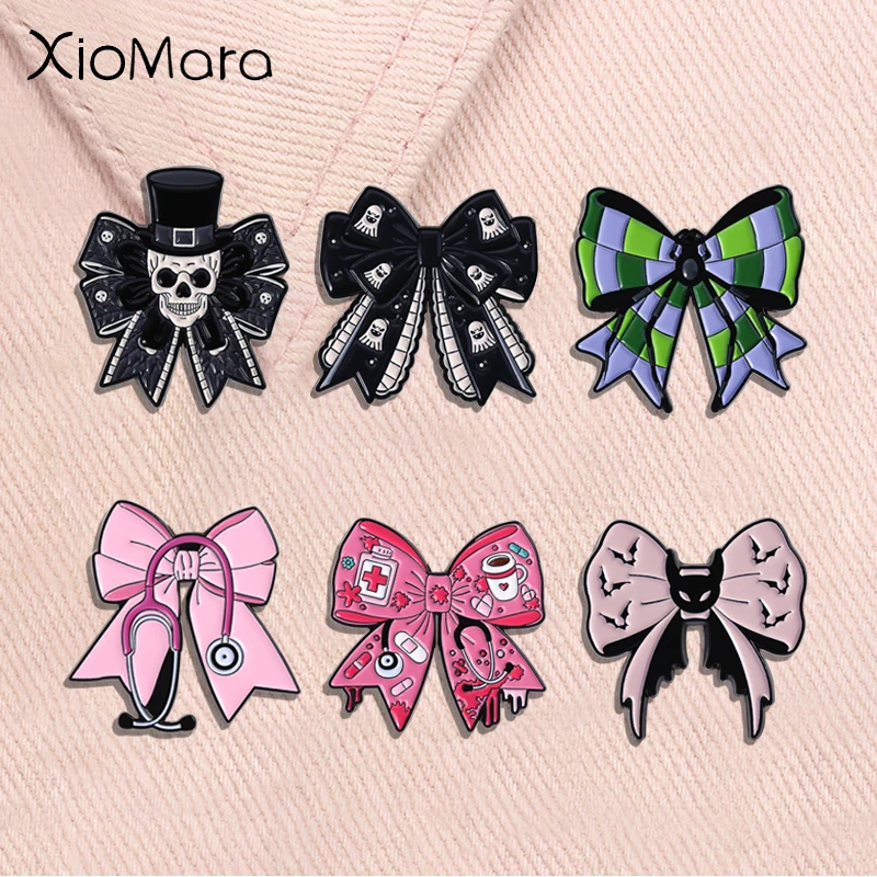 Pink Bowknot Stethoscope Enamel Pins Gothic Halloween Bow Spooky Skeleton Dark Romantic Brooches  Lapel Badges Jewelry Gifts