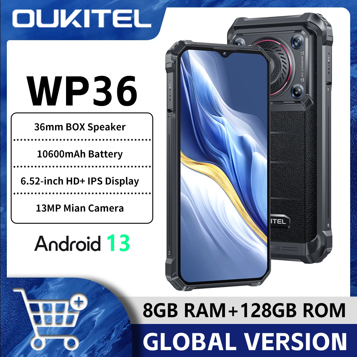 Прочный смартфон Oukitel WP36, 10600 мАч, 6,52 дюйма, HD +, сотовый телефон, 16 ГБ, 128 ГБ, мобильный телефон, Android 13, 13 МП, камера MT8788