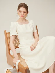 FSLE French Retro Square Neck Dress for Women 2024 Summer Hepburn Style Slimming A-Line Dress for Female 24FS12025