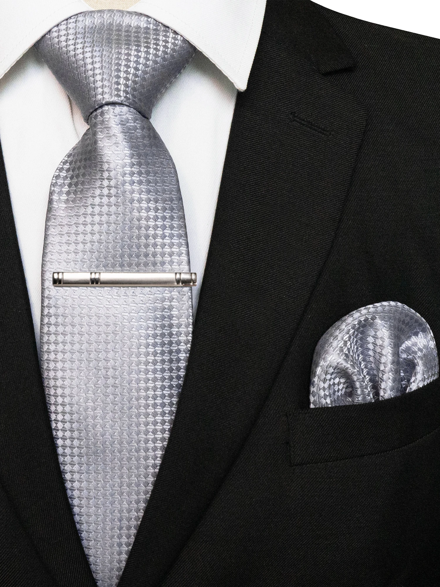 KAMBERFT Klassische Herrenkrawatte mit Krawattenklammer und Einstecktuch, 3-teiliges Set für Büro, Hochzeit, Party – Detail 20