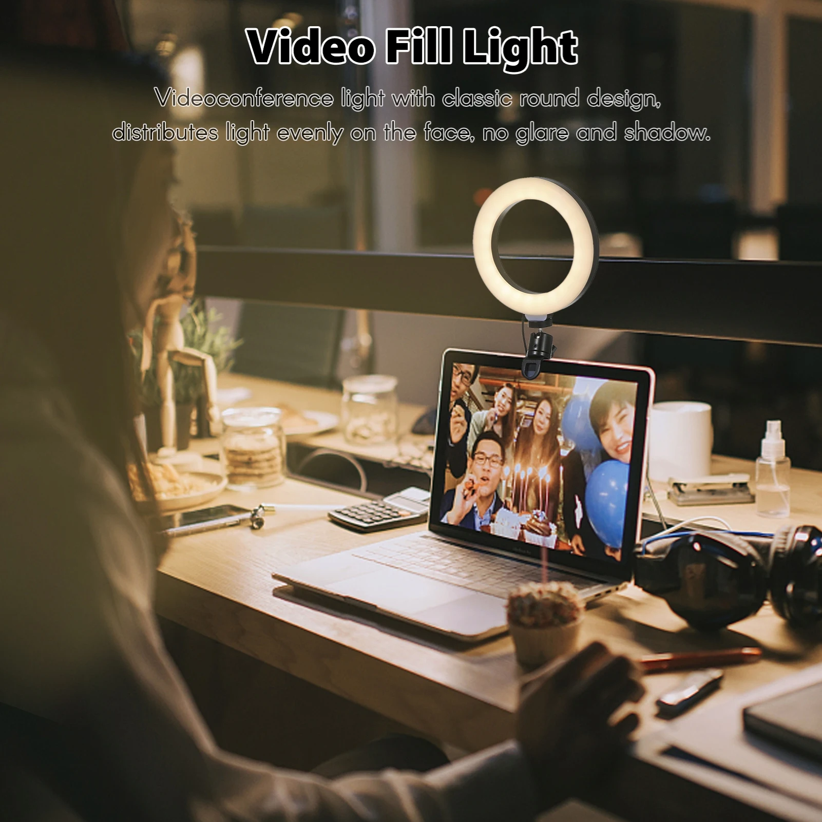 Anneau lumineux de 6 pouces pour ordinateur portable, lumière de remplissage vidéo, anneau de conférence, lumière de beauté en direct pour les réunions Zoom, maquillage, Selfie