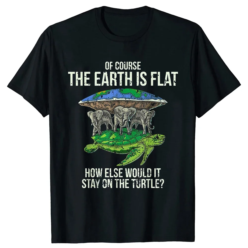 

Flat Earth Turtle Elephants Graphic Tee Men Breathable Cotton Crewneck T-Shirt