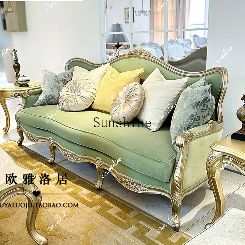 

French light luxury sofa solid wood fabric green velvet carved living room high-end villa FT