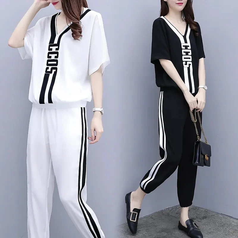 2022 New Summer V-Neck T-Shirt Casual Elastic Waist Sports Pant Suit Female Loose Size 3XL Fashion Two-Piece Sets White