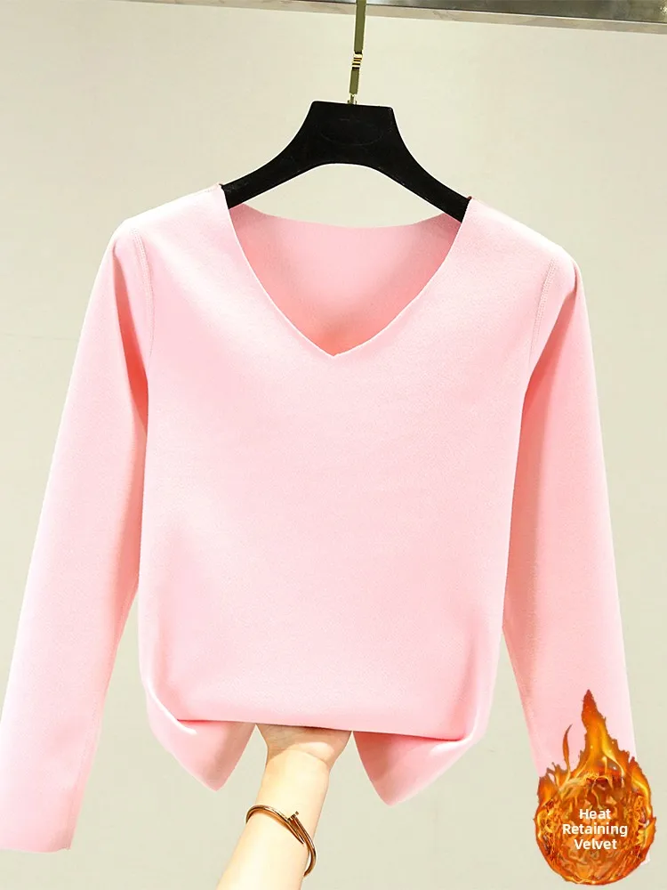 Thiened Double-Sided German Velvet Women's Thermal Underwear Long Sve V-Ne Warm Base irt Close-Fitting Home Wear