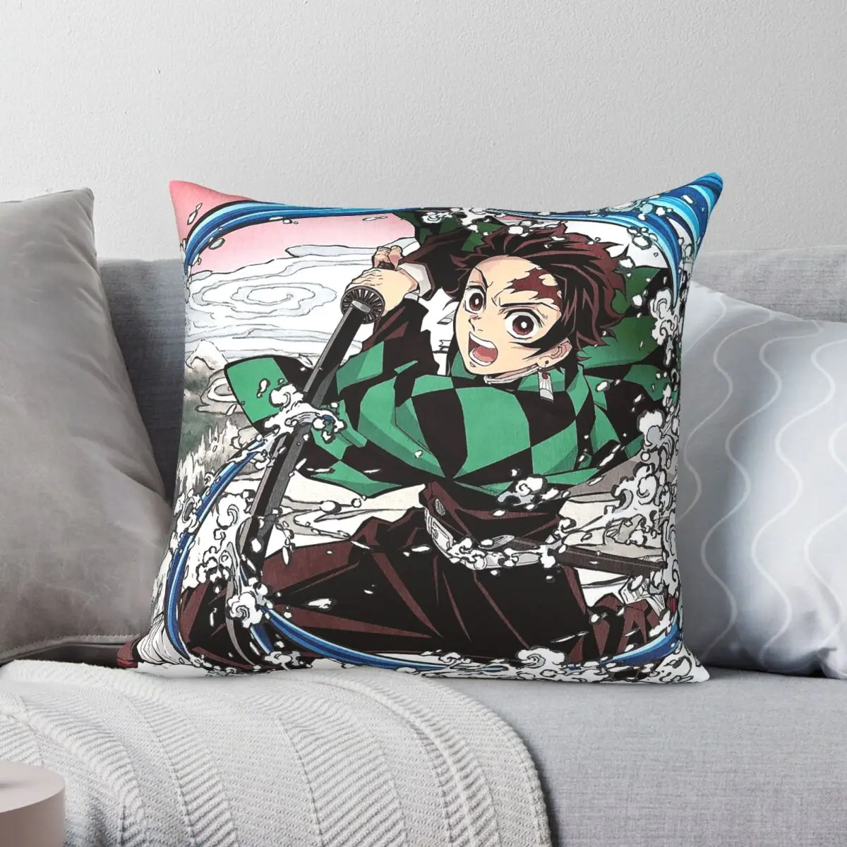 Tanjiro Kamado Square Pillowcase Polyester Linen Velvet Pattern Zip Decor Home Cushion Cover Wholesale
