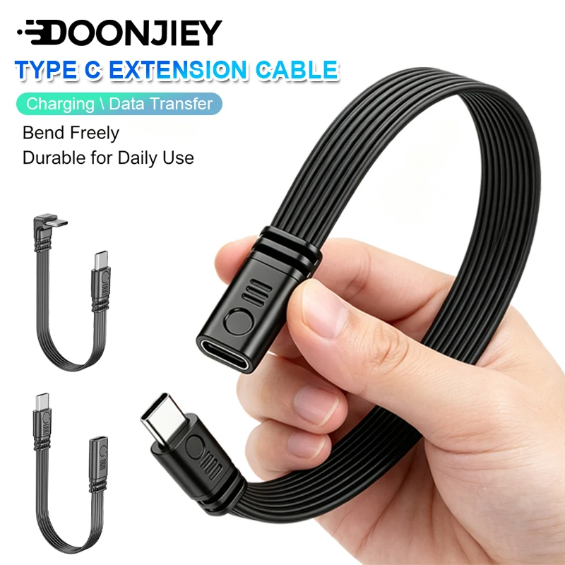 DOONJIEY 10cm 90 Degree Type C Flat Short Cable USB C Male to Female 480Mbps 45W Fast Charging Data Cord for Samsung Xiaomi