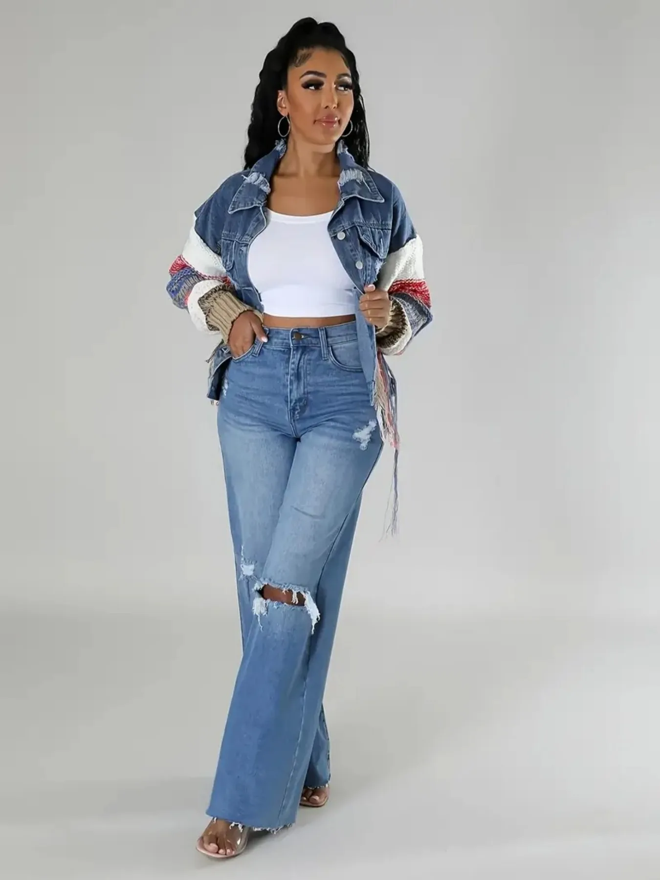 سترة نسائية كاجوال ممزقة من قماش الدنيم مع هامش، سترة خفيفة وعصرية من قماش الدنيم المرقعة