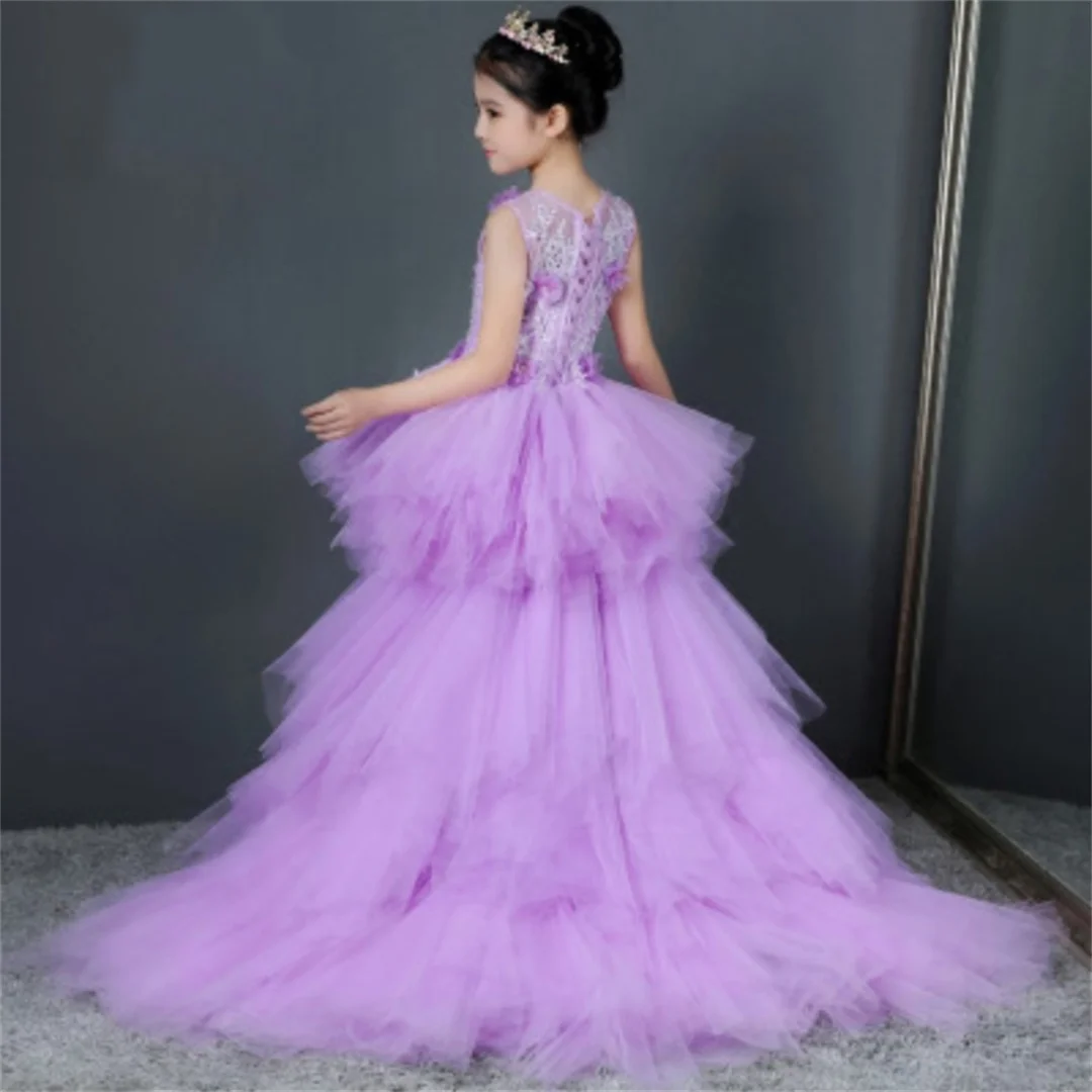 Customized Wedding With Bow Tulle Flower Girl Dress With Train Children Show Performance Costume Kids Baby Pageant Gownslong