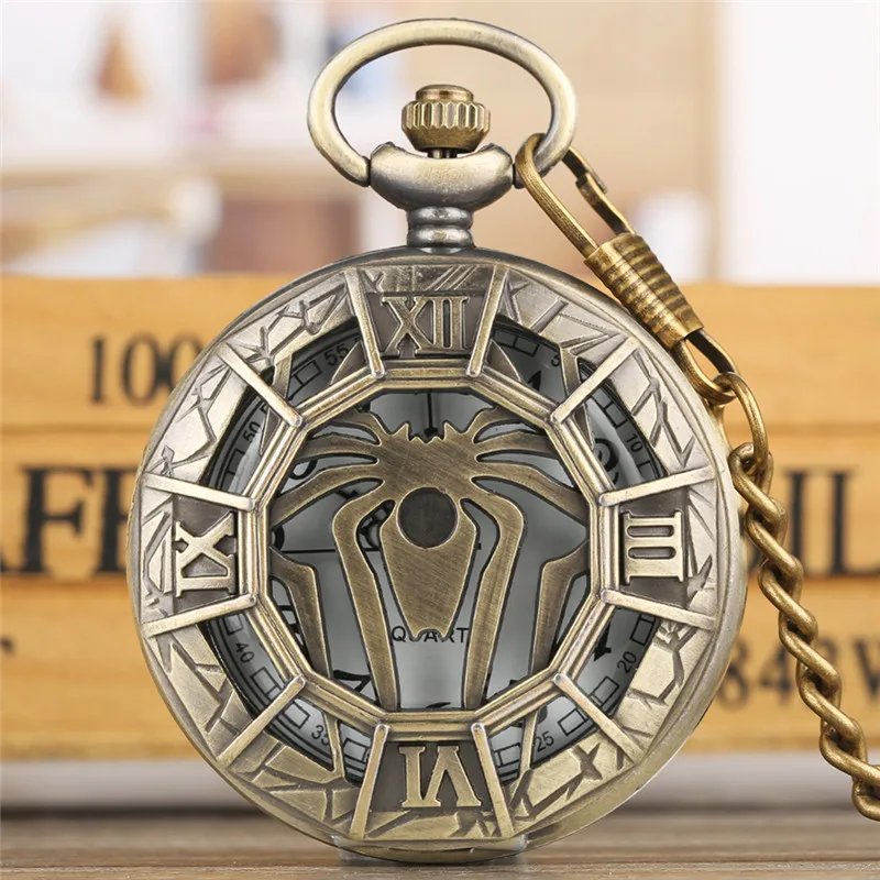 Bronze Hollow Out Spider Cover Retro Quartz Analog Pocket Watch for Men Women Kids Pendant Chain Timepiece Collectable Gift