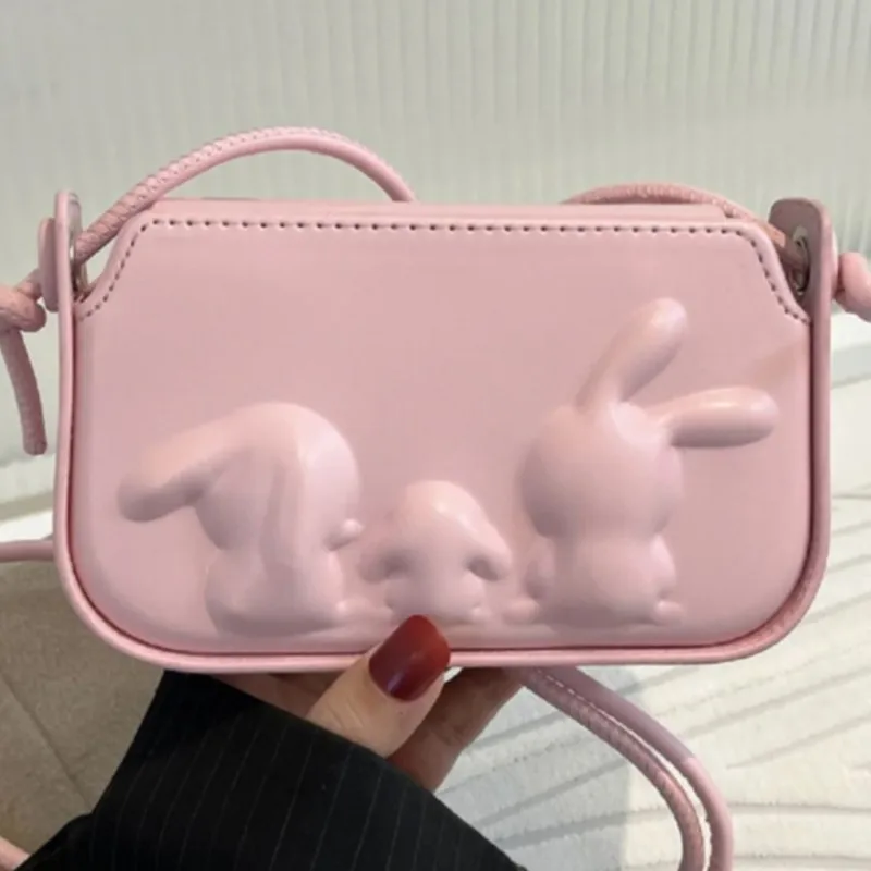 Sweet Cute Sakura Pink Rabbit Shoulder Bag Women Leather Small Capacity Underarm Bag Ladies Korean Fashion Daily Crossbody Bags