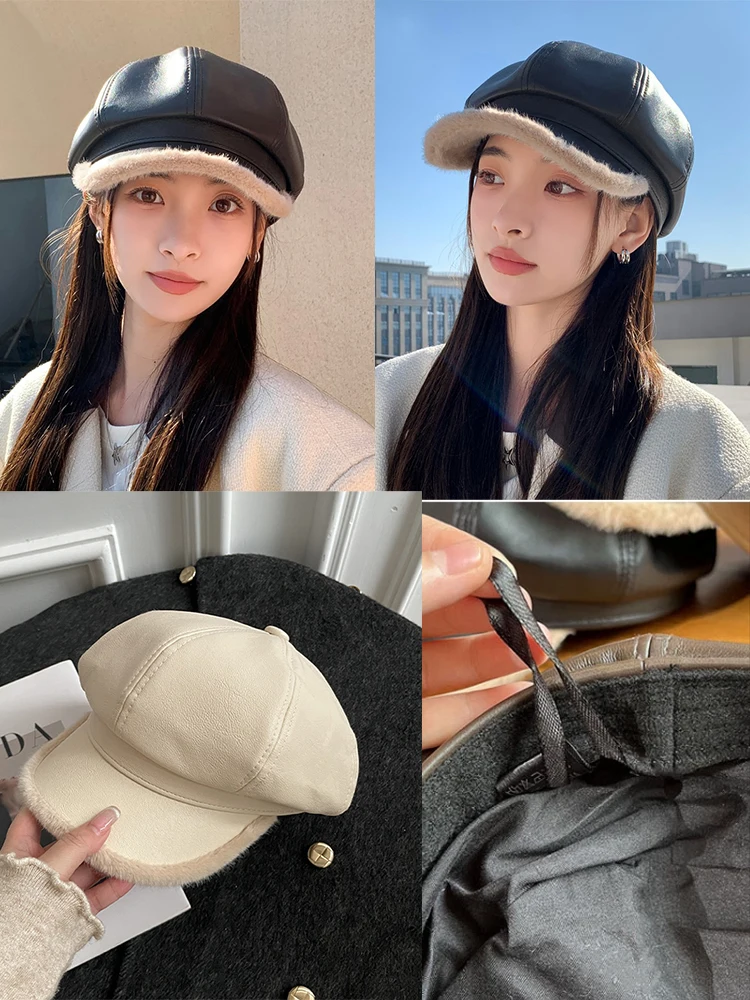 Baret kulit Pu Retro baru topi Boinas segi delapan Solid wanita baret topi kasual luar ruangan topi Newsboy wanita modis