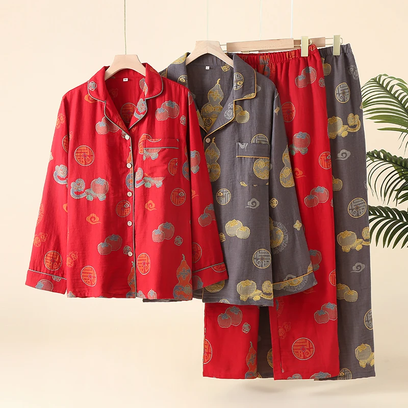 유니섹스 중국 스타일 자카드 파자마 세트 100% 면 거즈 동양식 라운지웨어 호화로운 호박 무늬 탕복 스타일 남성용