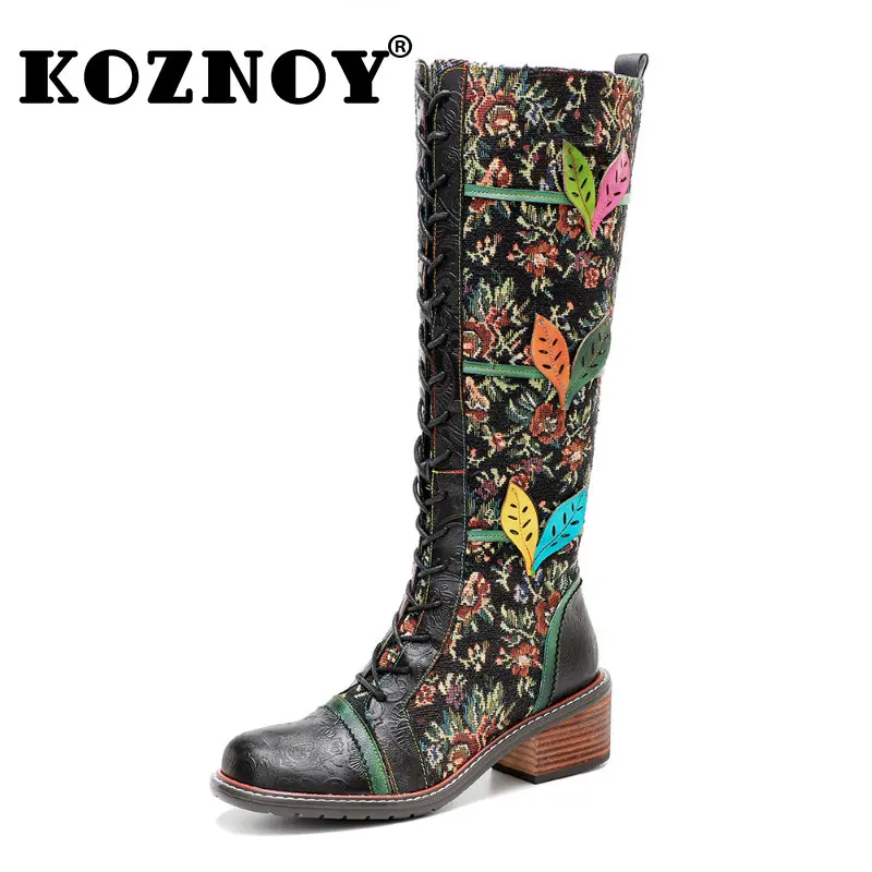 Koznoy Boots Women Sheepskin Leather 5cm Cotton Fabric Lace Up Autumn Spring Ankle Knee High Boots Chunky Heels Plus Size Shoes