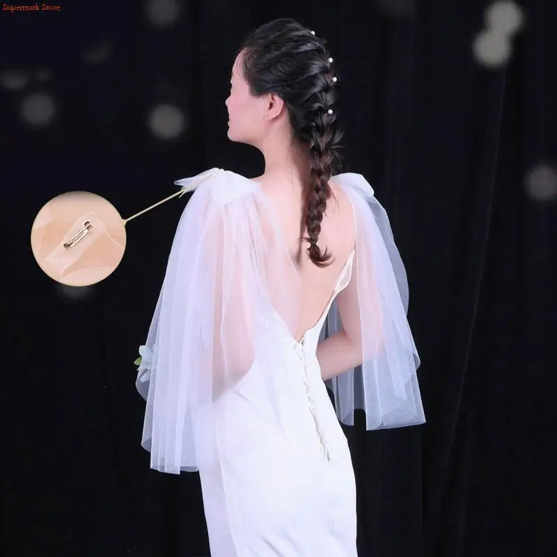 Q5WE Bride Tulle Wedding Bridal Shiny Shoulder Stole Sheer Lace Shoulder Wrap