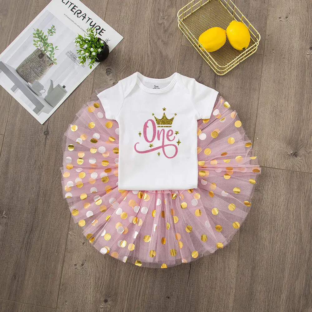 My 1st Birthday Baby Girl Dress Set Infant Birthday Party Pink Tutu Cake Dresses + Romper Outfits Girls Summer Clothes Jumpsuit