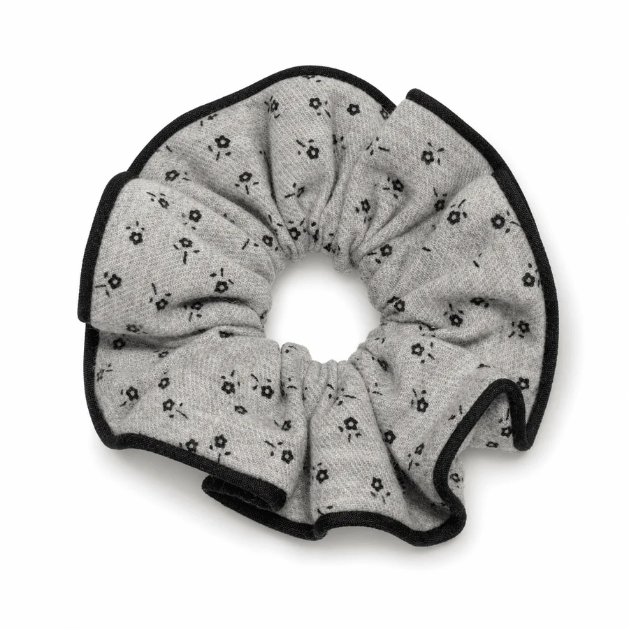 twilight-gray-floral-single-layer-scrunchie-soft-knit-like-hair-tie-black-piped-edge-handmade-ponytail-holder-for-women