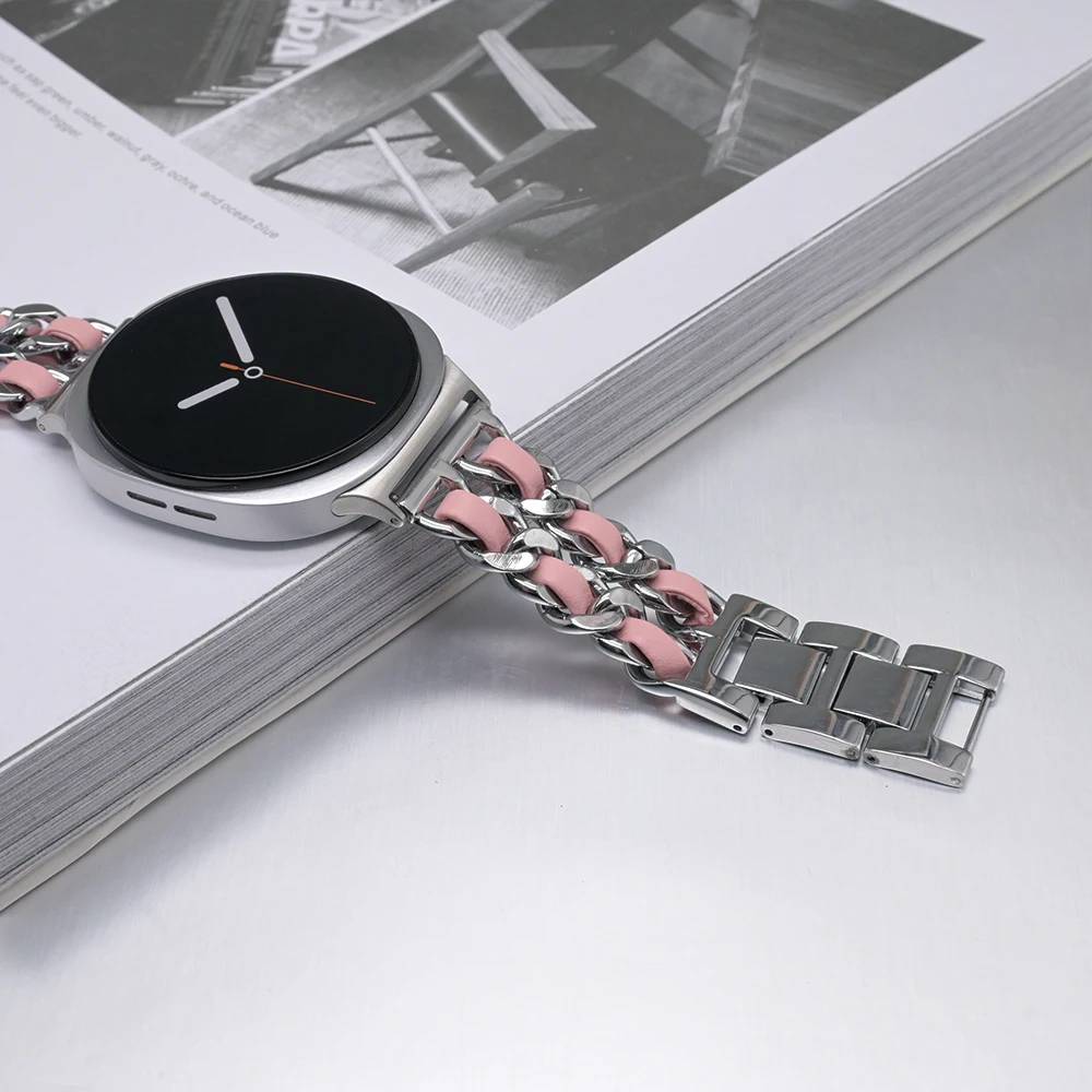 삼성 갤럭시 워치8 44mm 40mm 여성용 스테인리스 스틸 가죽 밴드, 갤럭시 워치8 40 44mm 패션 스타일 메탈 스트랩