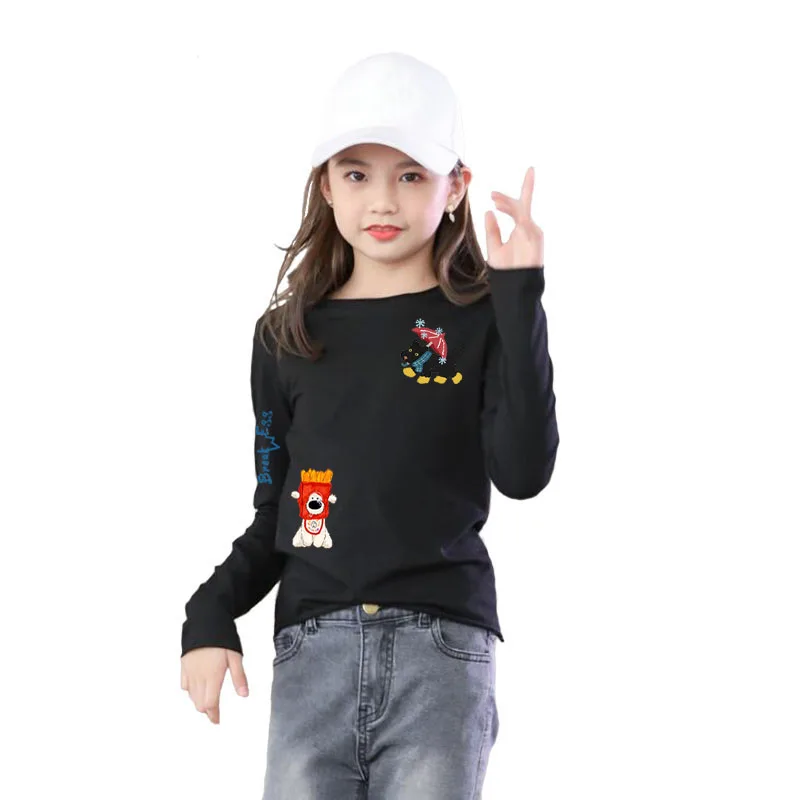 Kids Long Sleeve T-Shirts Cotton Cartoon Bear Dog Rabbit Goose Print Crew Neck Loose Fit Boy Girl Casual Tees for Spring Summer