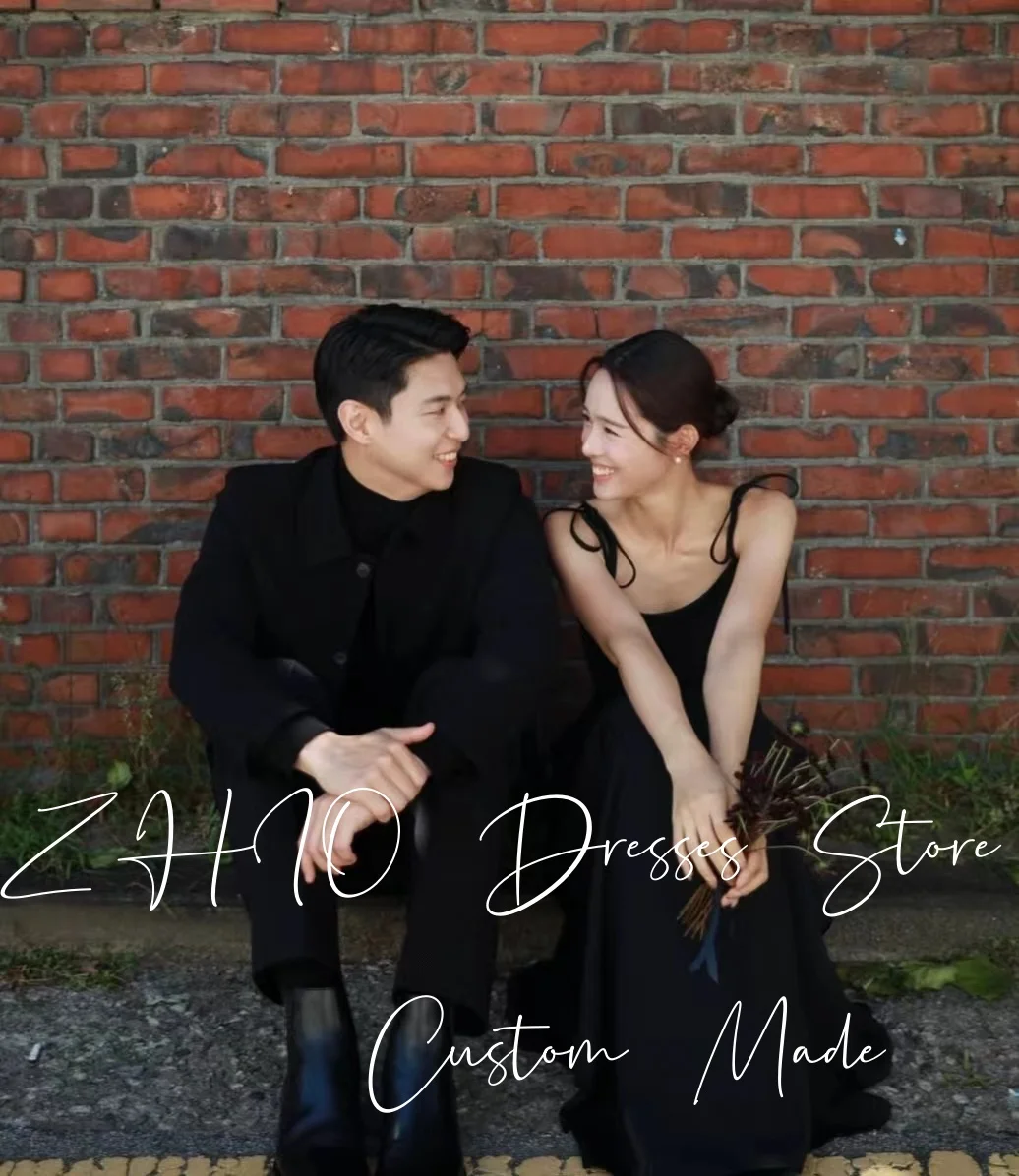 ZHIO فستان حفلات الزفاف الأسود البسيط لون مربع القوس السباغيتي حزام الساتان ألف خط كوريا صورة تبادل لاطلاق النار فستان زفاف Cutsomize
