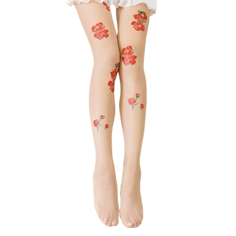 

Women Peony Rose Floral Patterned Silk Footed Tights Stockings Lady Girls Aesthetic See Through Thin Pantyhose Leggings Hosiery