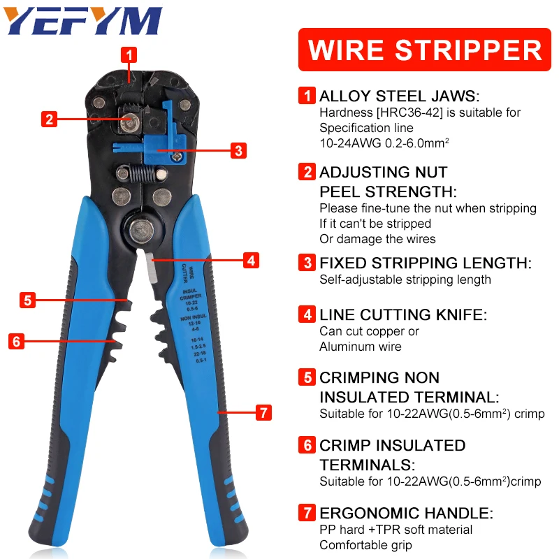 Wire Stripper Tools YE-1SE 0.25-6mm²/10-24AWG Cable Cutter Practical Electric Automatic Multifunctional Repair Crimping Pliers