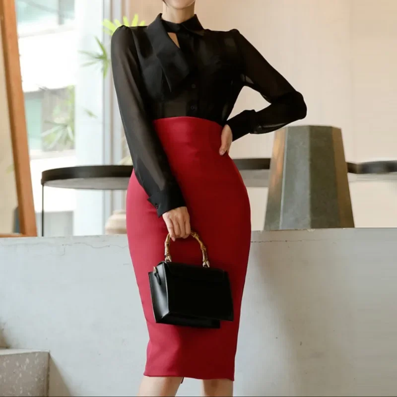 Red Elegant Split Skirts Women High Waisted Korean Fashion Chic Skirts Female Business Office Ladies Bottoms