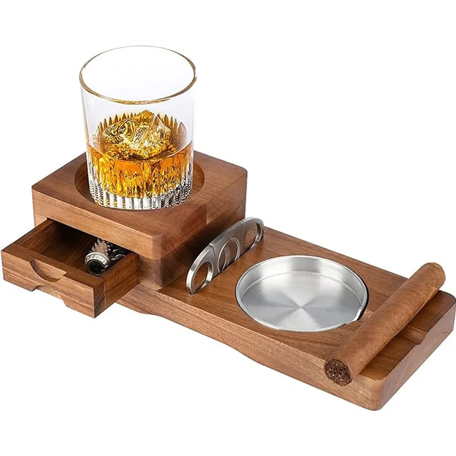 Multi Function Wooden Cigar Ashtray Beverage Solid Wood Cup Coaster Whiskey Tray for Bar Home Kitchen Office Decoration
