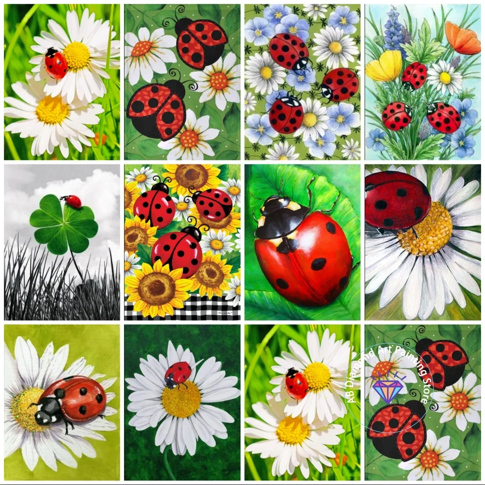 

New Ladybug and White Chrysanthemum AB Diamond Painting Kit Square Round Diamond 5D DIY Mosaic Handmade Art Gift Home Decoration
