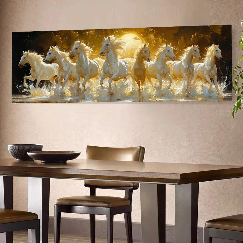 Abstract Golden White Horse Eight Horses Running Landscape in The Moonlight Canvas Painting Poster Print Home Wall Art Frameless