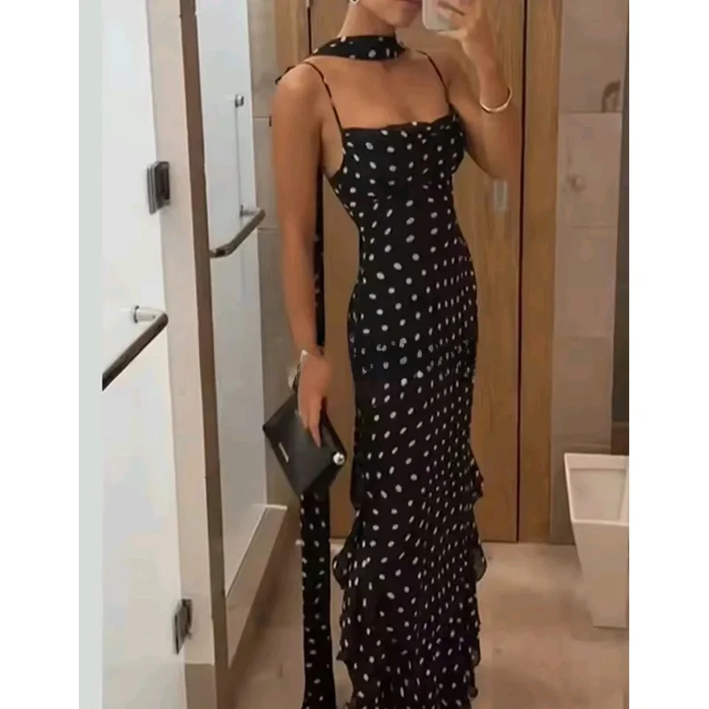 Estate nuova casual Sle donna Dr con sciarpa a pois vita alta abito lungo senza spalline balza orlo Ele Faion